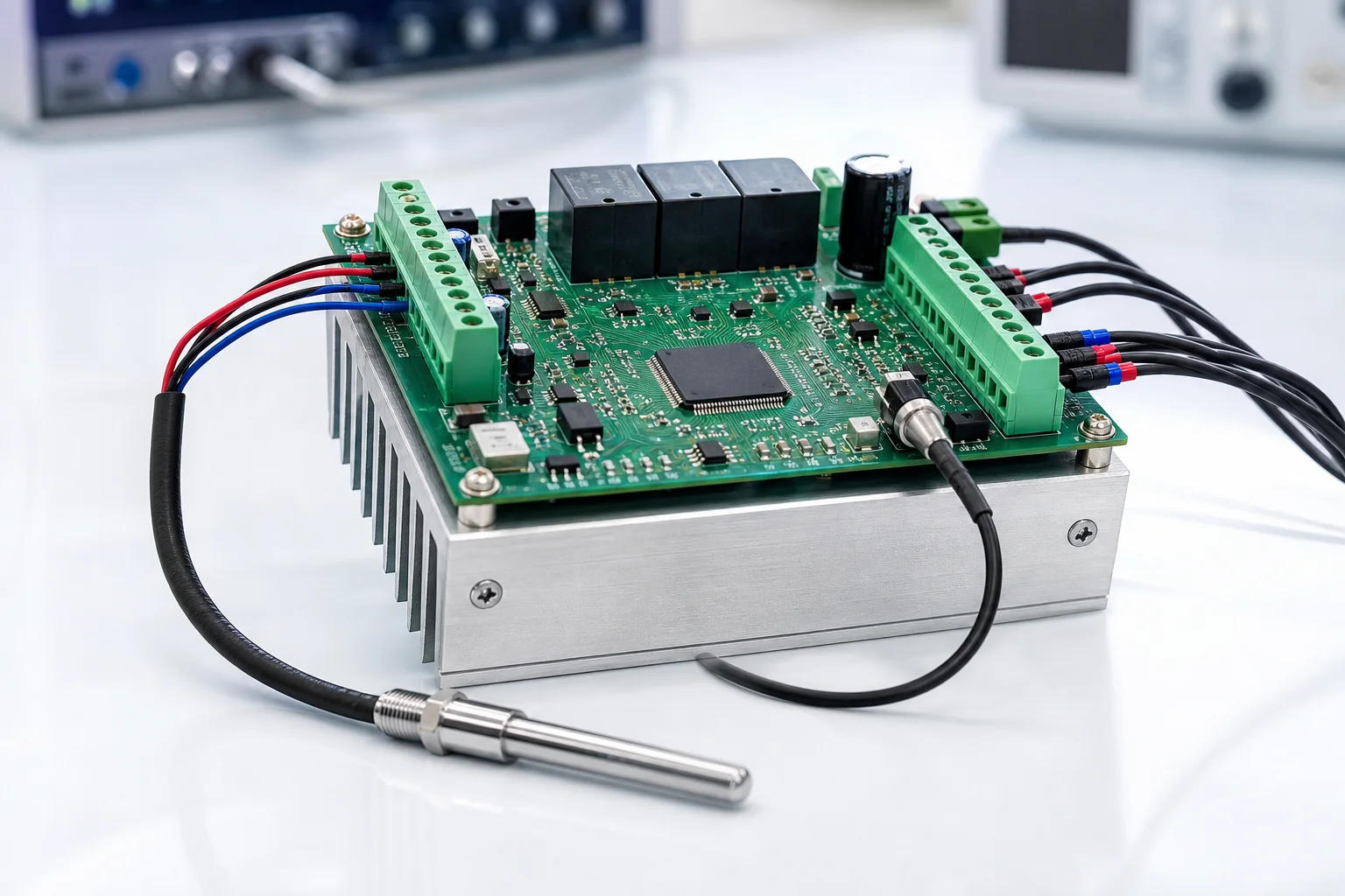 Electronic thermal management control module with sensor, relays, and heatsink