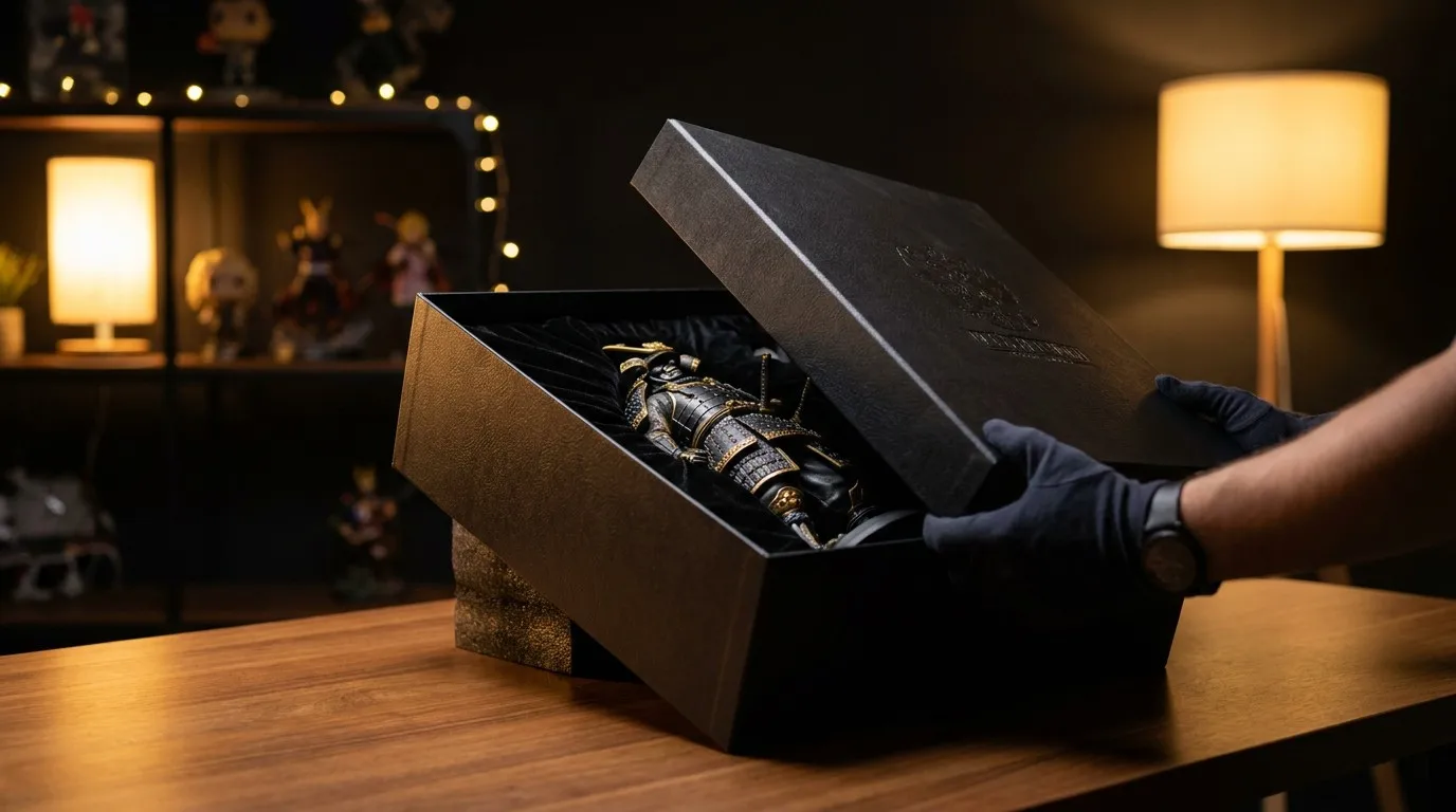 Premium anime figure unboxing scene — collector revealing a display statue from an elegant dark gift box