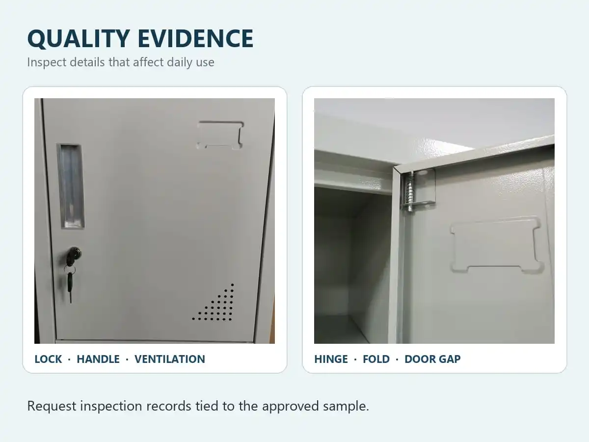 locker manufacturer quality inspection details including hinge lock ventilation and label slot