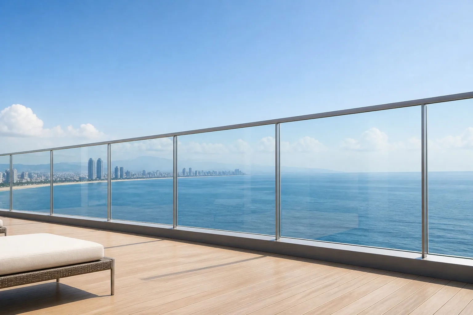 Coastal terrace with frameless laminated glass balustrade and aluminium posts overlooking the sea