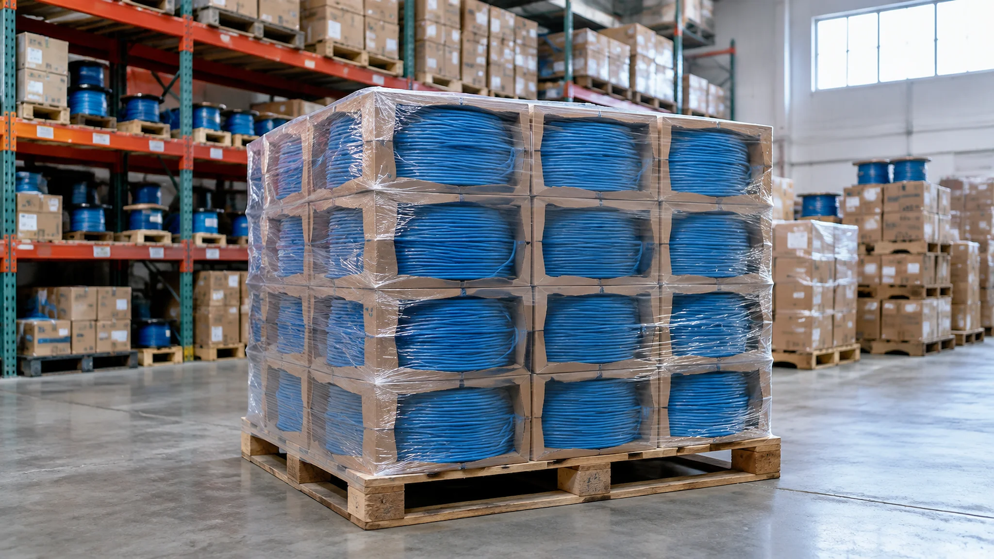 Pallet of blue Cat5e cable boxes wrapped in clear film in a warehouse