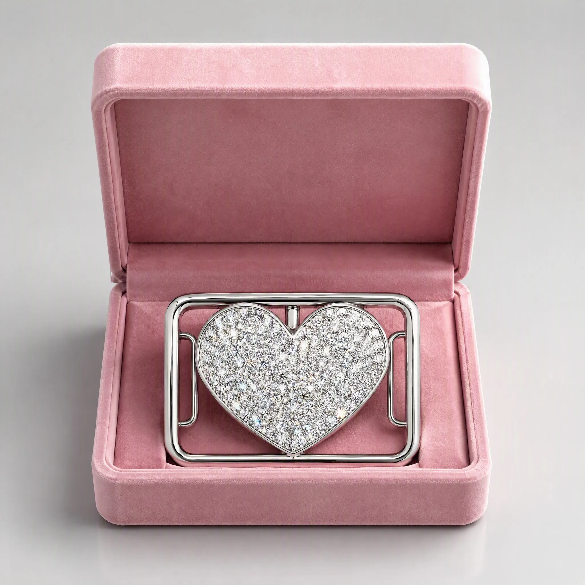 Crystal heart belt buckle in velvet gift box packaging