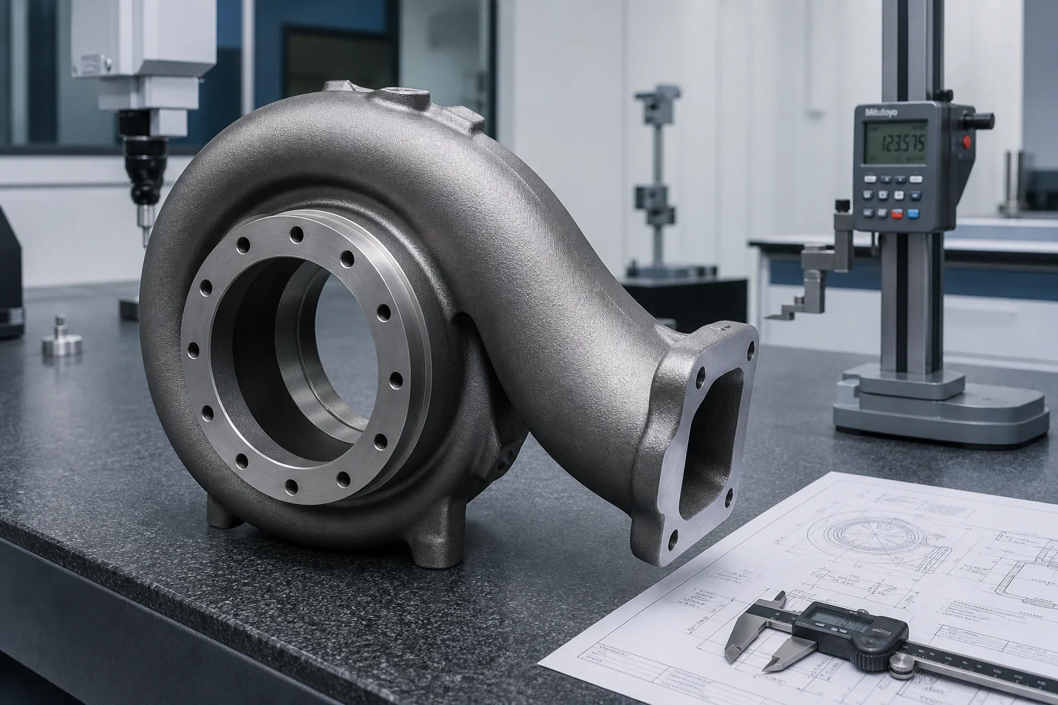 Turbocharger turbine housing casting in high-nickel alloy on inspection table