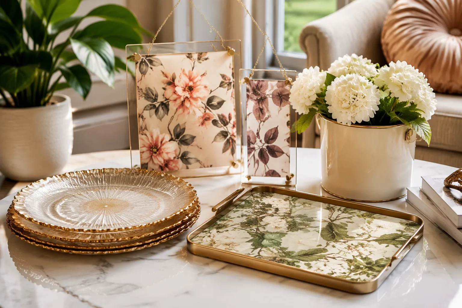 Curated home decor products flat-lay with charger plates trays and wall decor