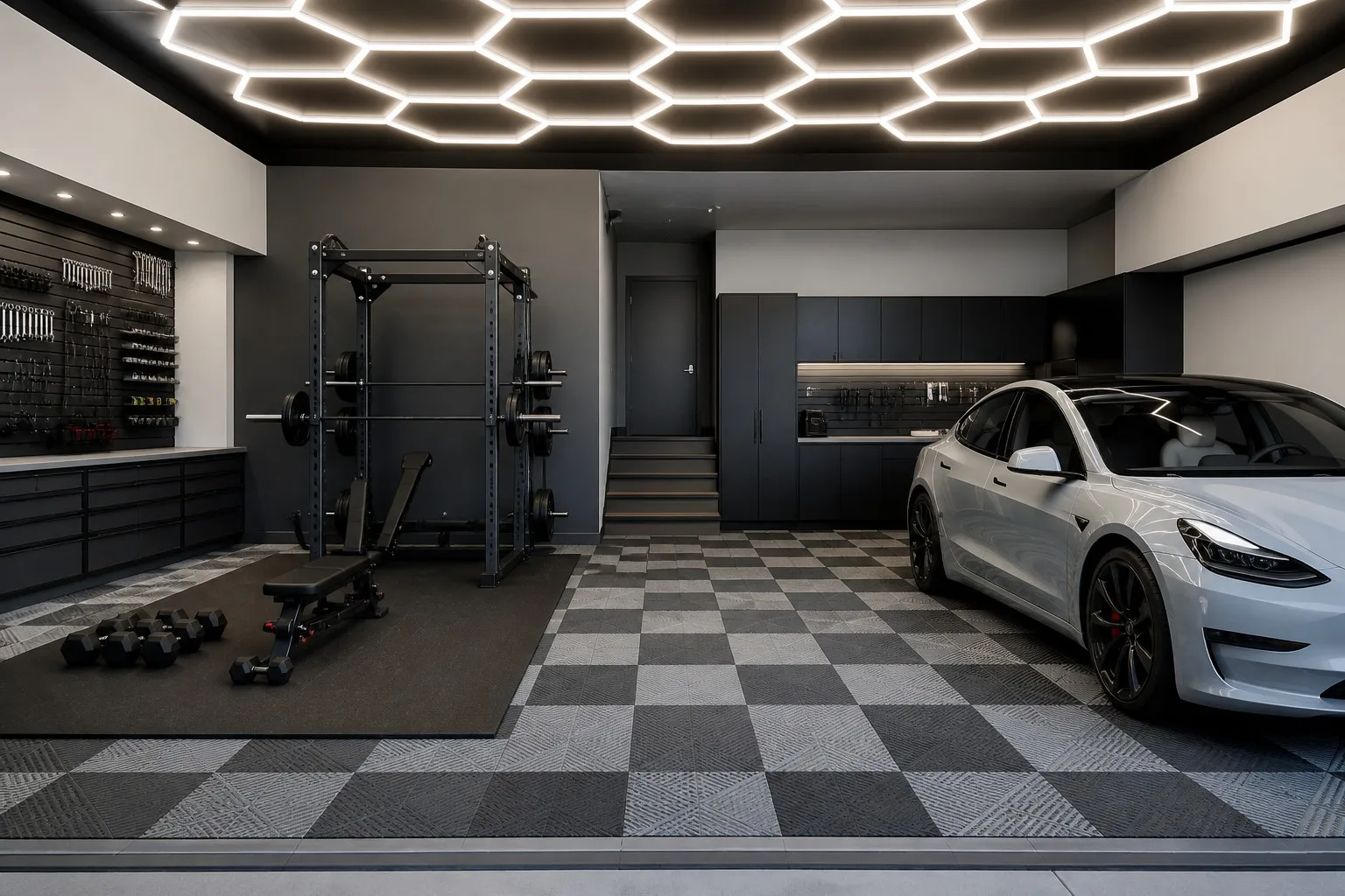 Modern 2026 garage with interlocking garage floor tiles, hexagon LED lights and a home gym zone