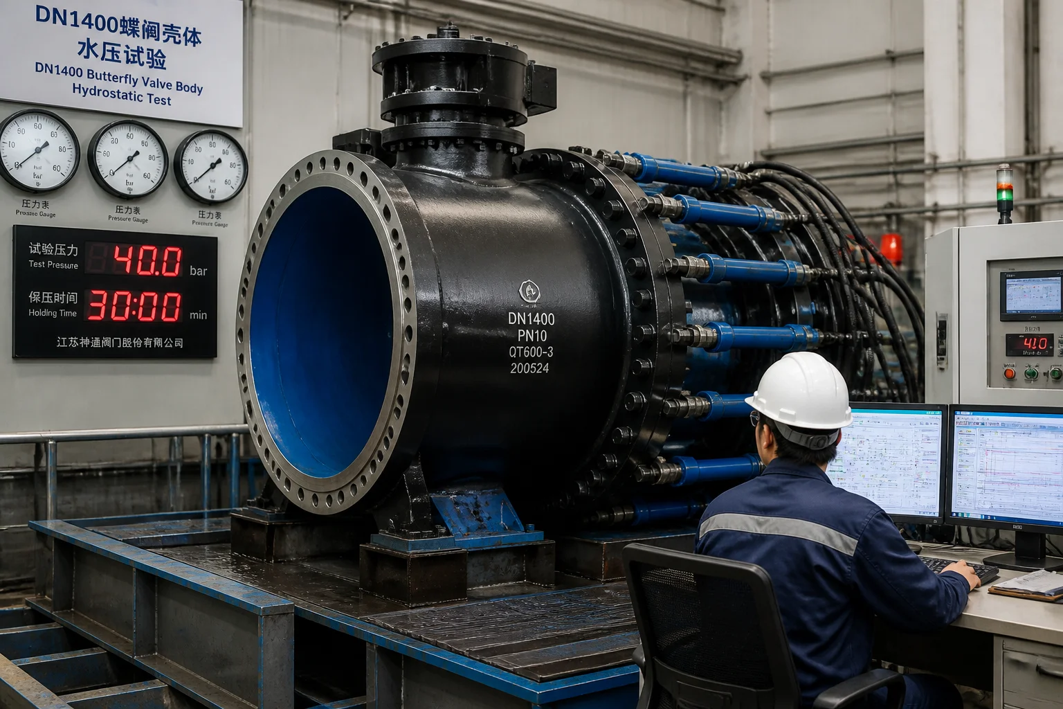 Hydrostatic proof pressure test of massive cast ductile iron desalination valve body assembly