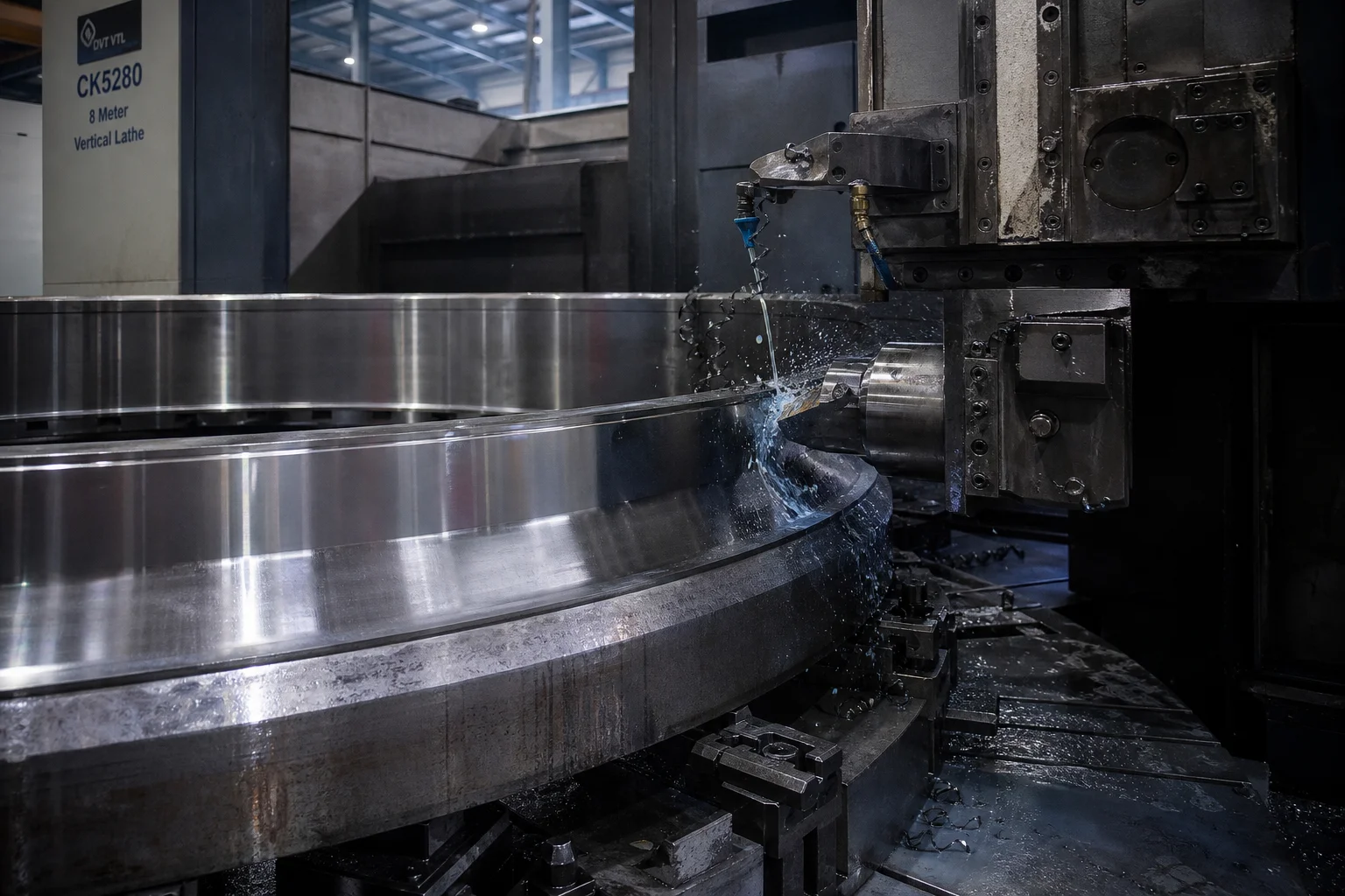 8-meter CNC vertical turning lathe precision machining outer contact face and bore of kiln tyre