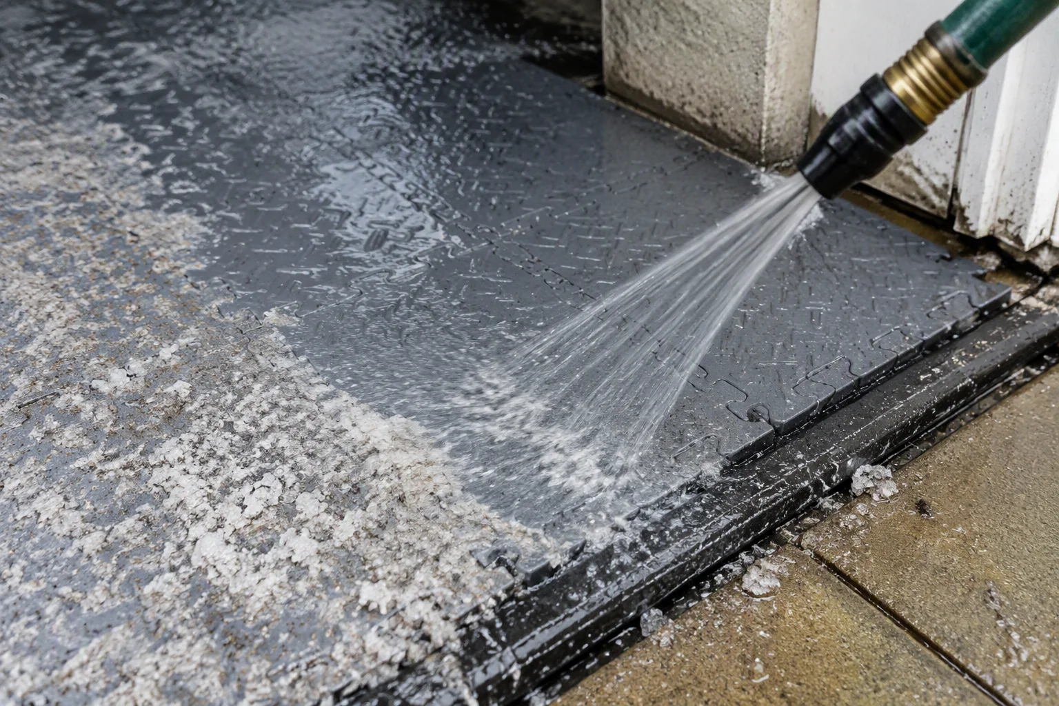 Rinsing road salt residue off interlocking garage floor tiles in a garage entry zone