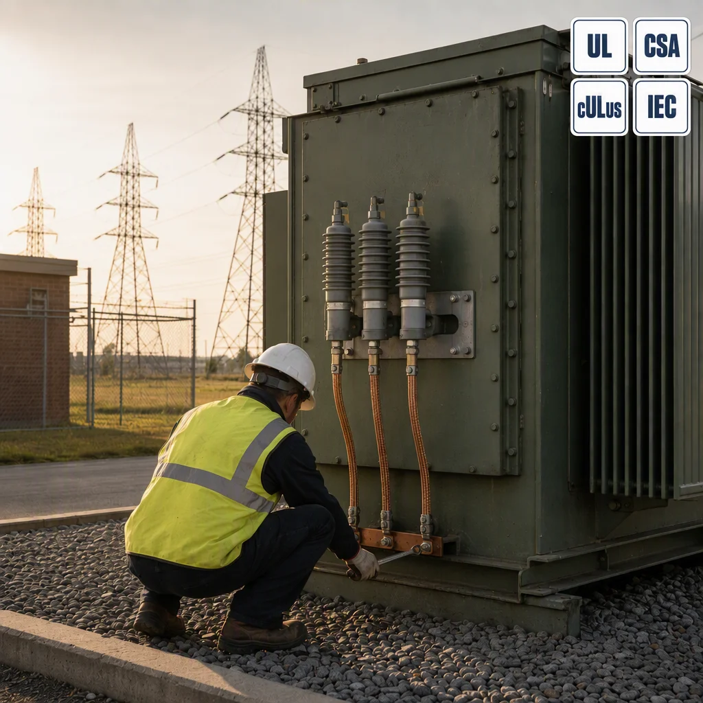 transformer surge protection — surge arrester bracket and grounding pad on a three-phase pad-mounted transformer