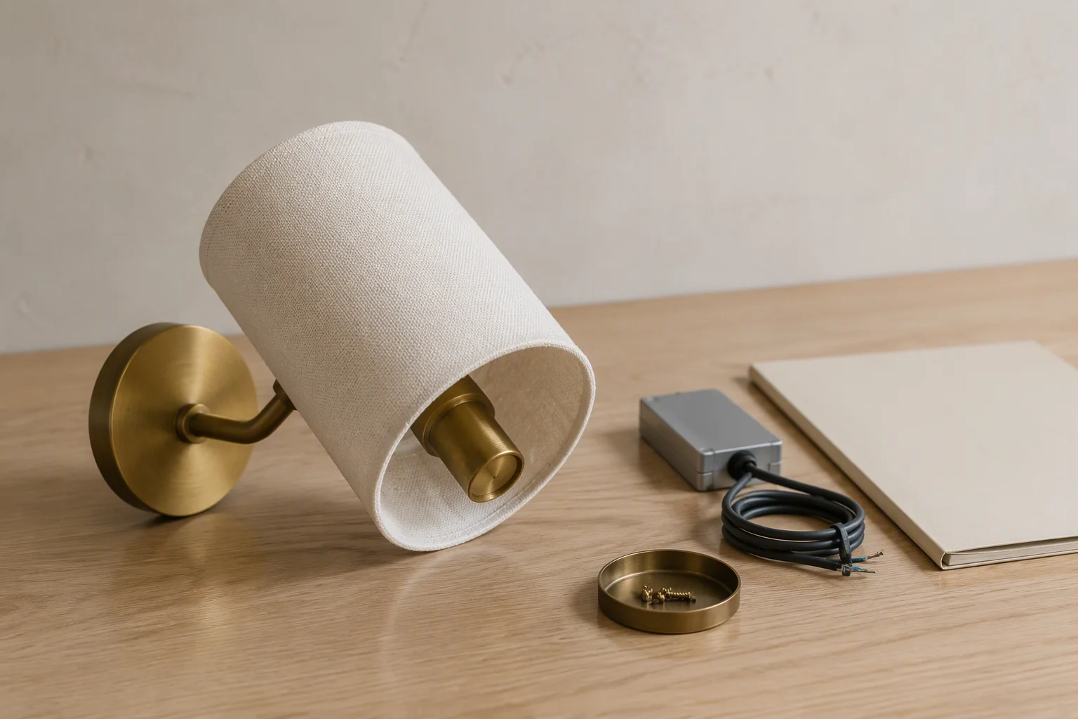 Brass wall sconce with off-white fabric shade on a workshop bench beside its LED driver and a plain folder