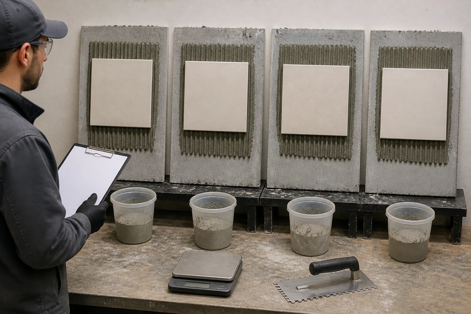 Controlled tile adhesive sag comparison test Controlled tile adhesive sag comparison with fixed test variables