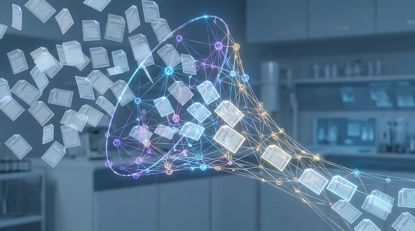 3D conceptual visualization of AI filtering literature