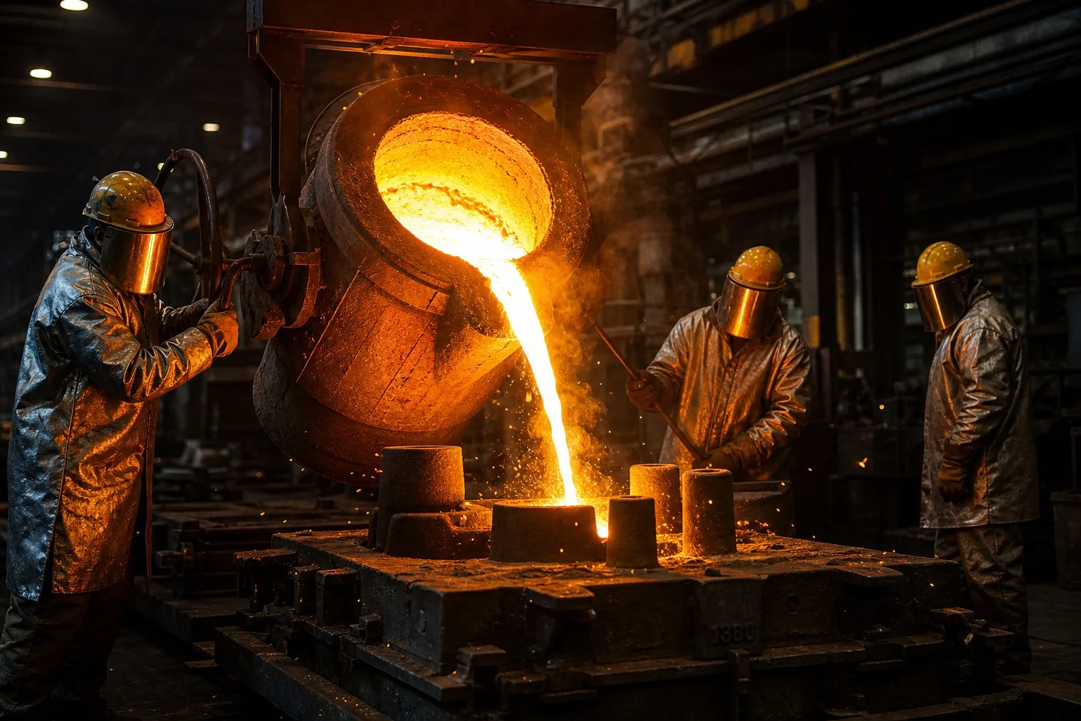 Molten metal pouring into sand casting mold with dramatic foundry lighting