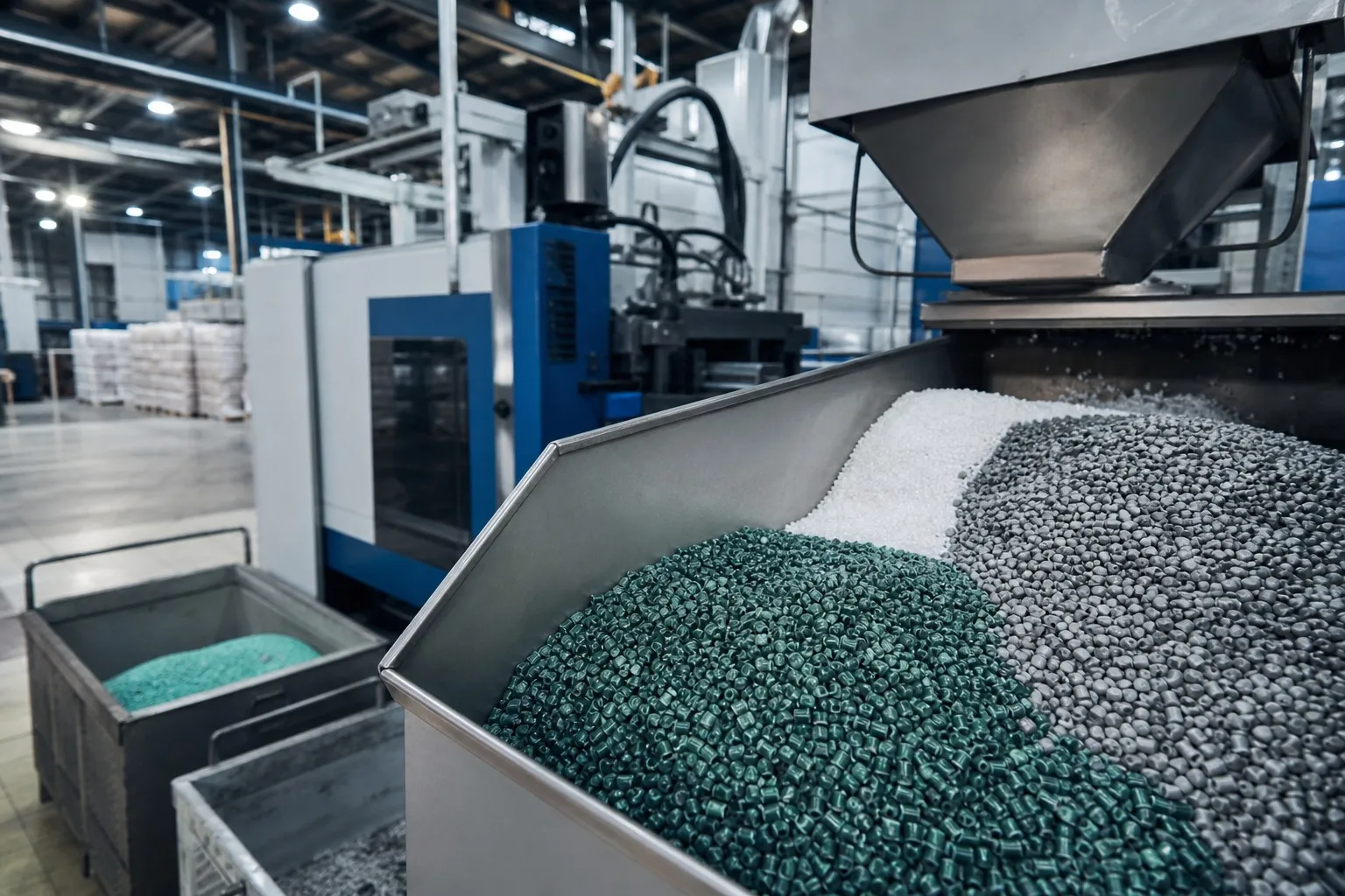 Plastic resin pellets feeding injection molding