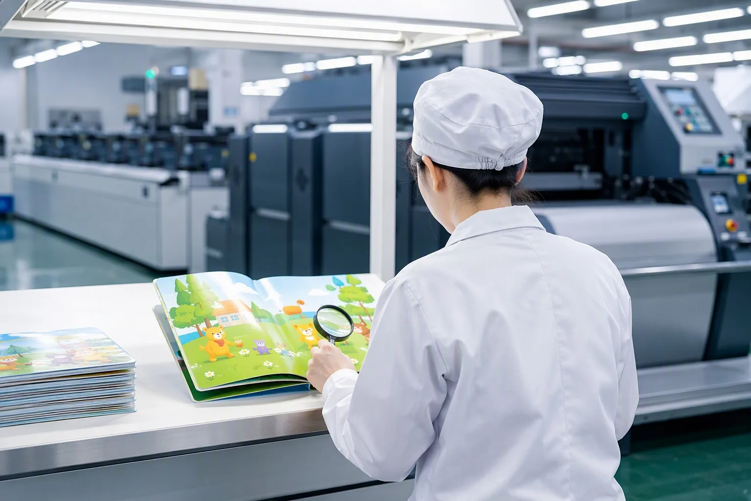 Chinese QC inspector checking board book lamination and rounded corners in modern factory