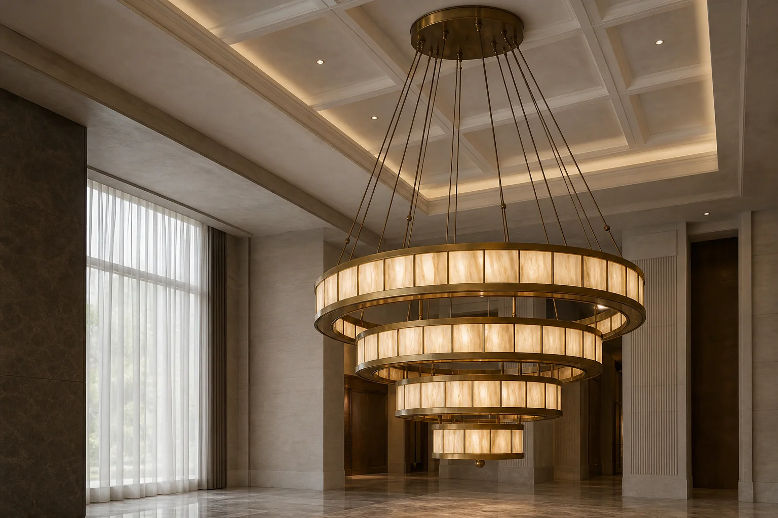 Large tiered hotel lobby chandelier suspended from a coffered ceiling on tensioned rods