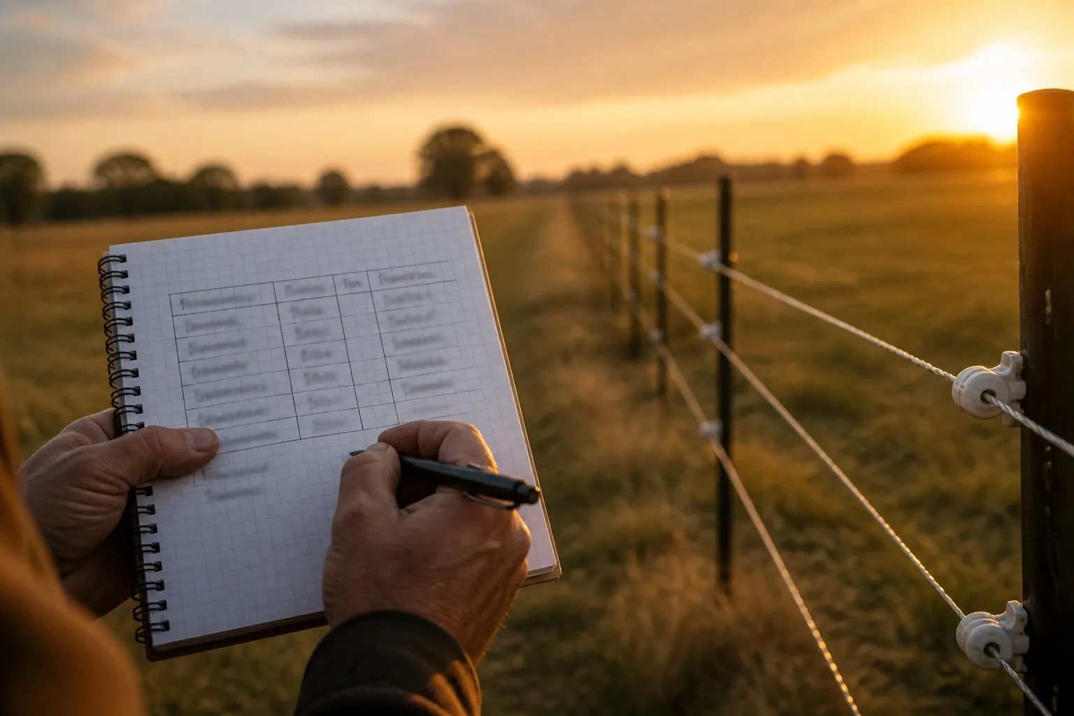 Rancher calculating electric fence ROI costs at the fence line