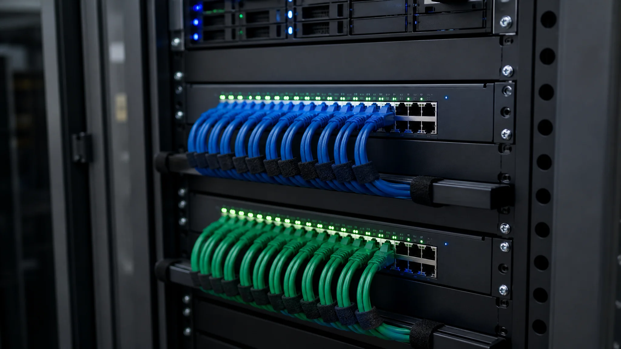 Network rack with colored shielded patch cables connected to a switch