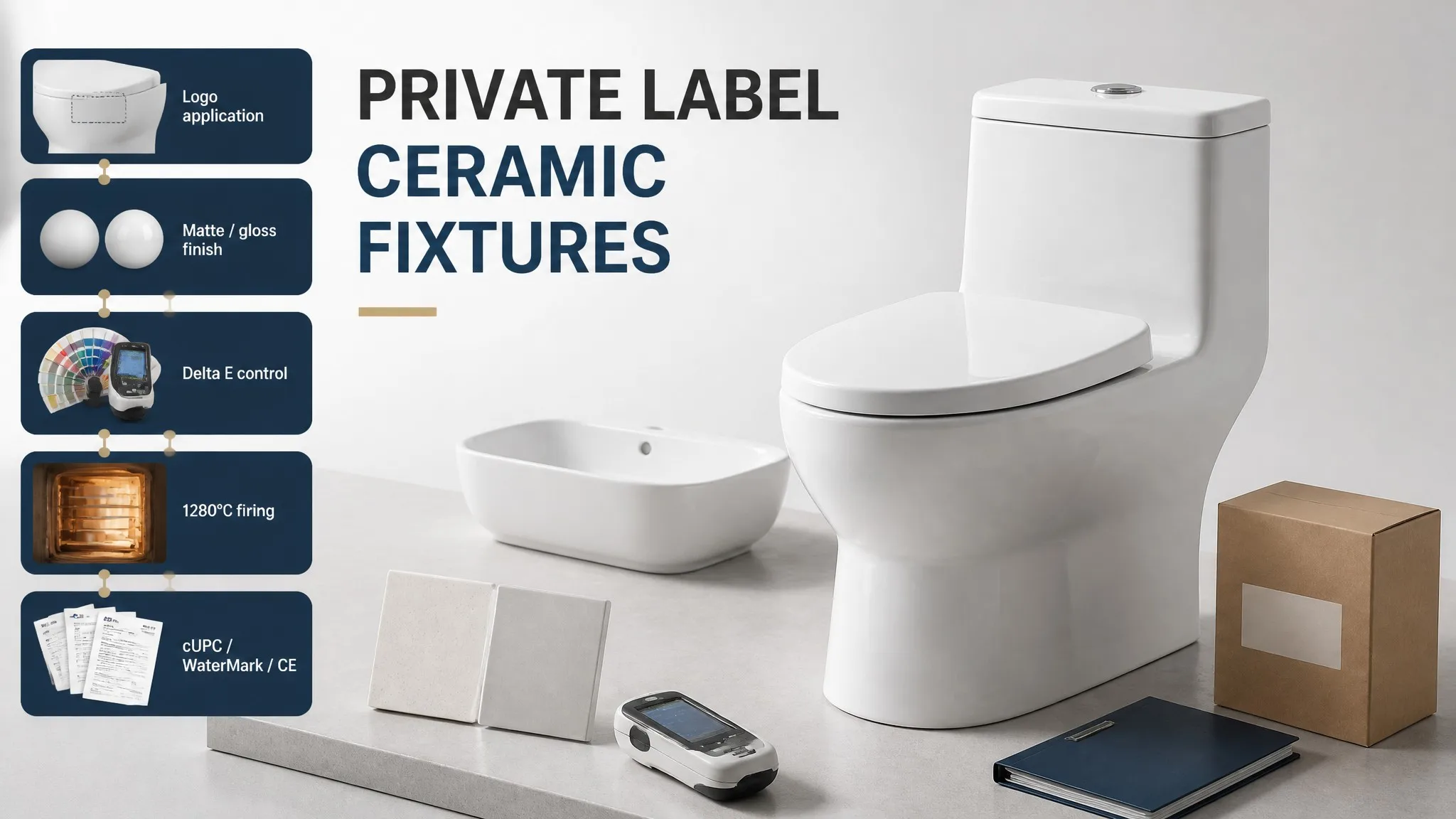 Private label ceramic bathroom fixtures undergoing glaze quality inspection with export cartons