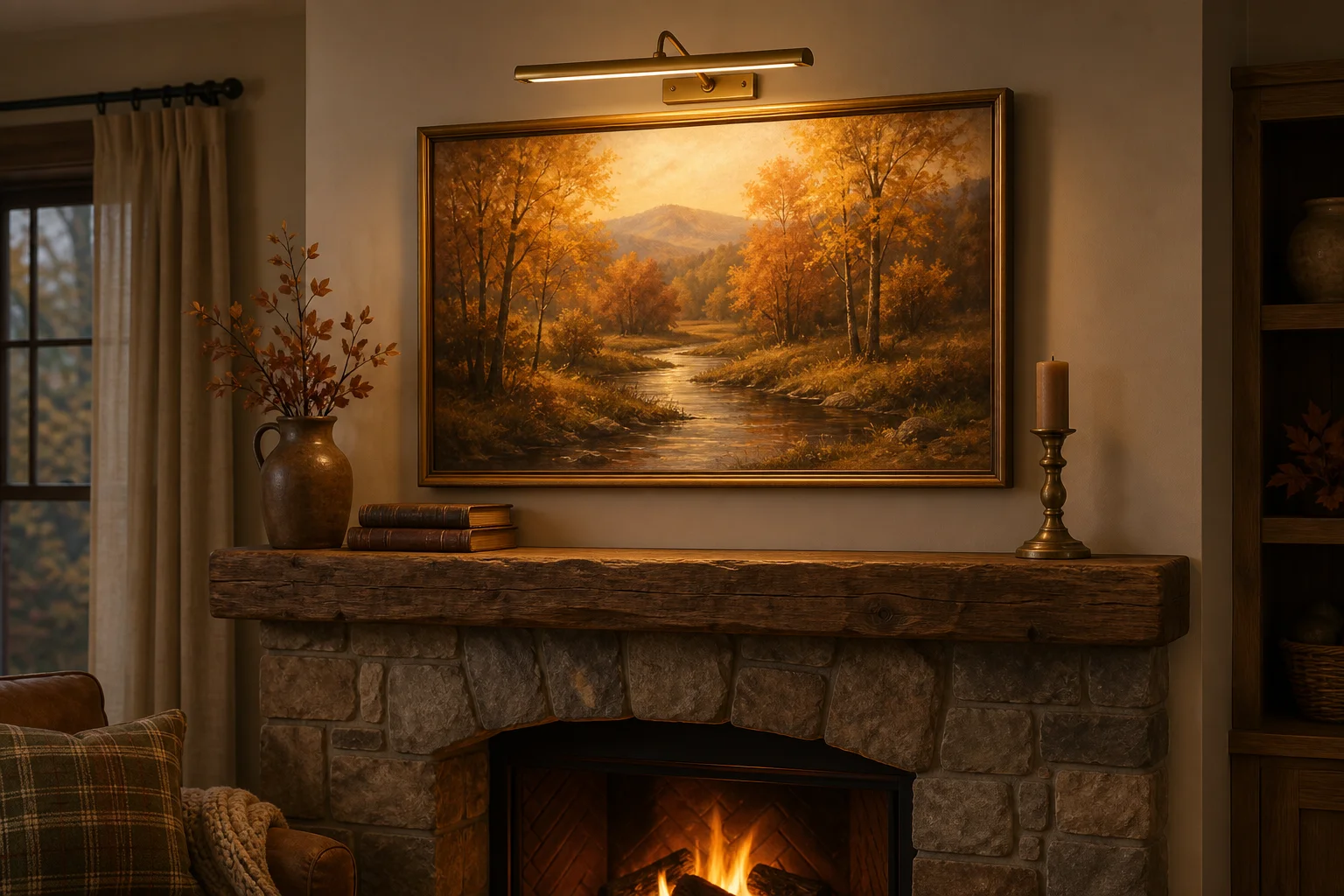 Antique brass wireless picture light mounted above framed landscape oil painting on a stone fireplace mantel in autumn
