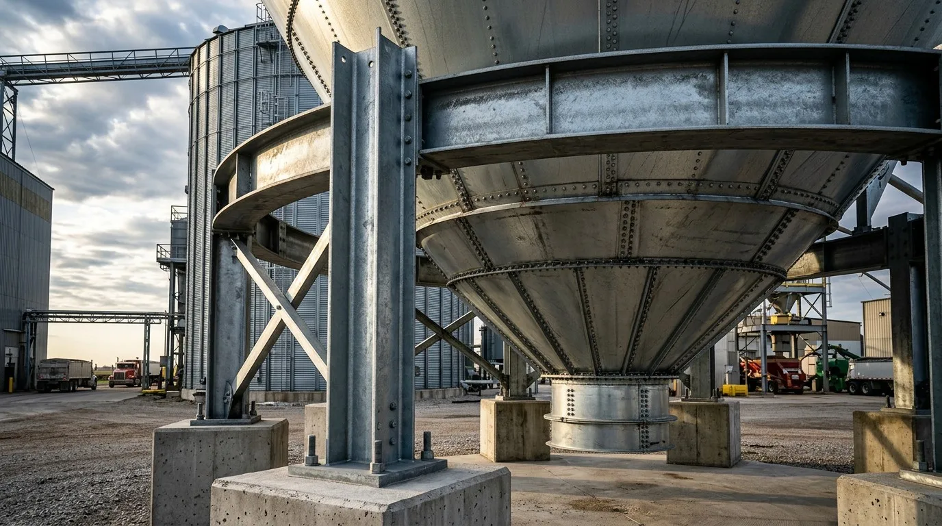 Heavy-Duty Steel Support Structure for Elevated Hopper-Bottom Grain Silos