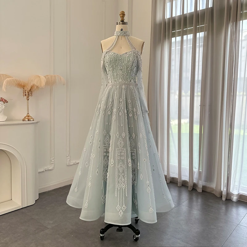 

Lscz153 Luxury Dubai Light Blue Evening Dress For Women Wedding Elegant Off Shoulder Beaded Arabic Formal Party Gowns