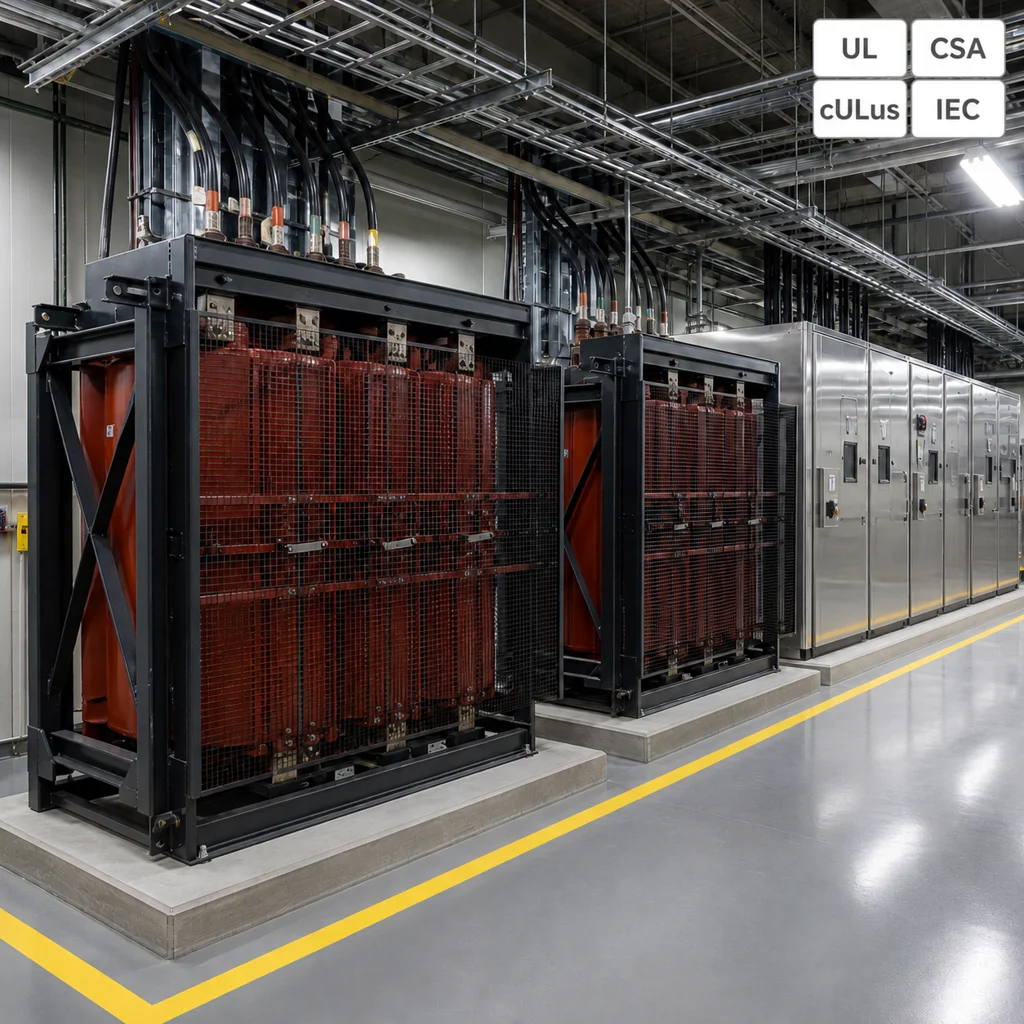Medium voltage dry type data center transformers inside a hyperscale electrical room