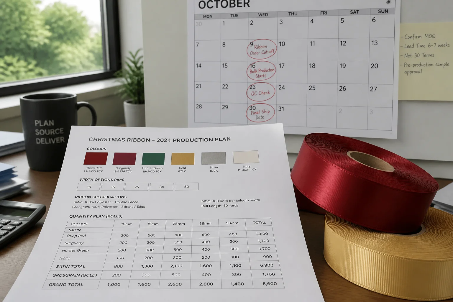 Documentary B2B procurement photo buyer desk printed ribbon specification sheet showing colour swatches width options quantity planning table Christmas season two ribbon rolls deep red satin gold grosgrain beside specification sheet calendar wall shows October several production deadlines circled red marker natural office window light realistic procurement planning context