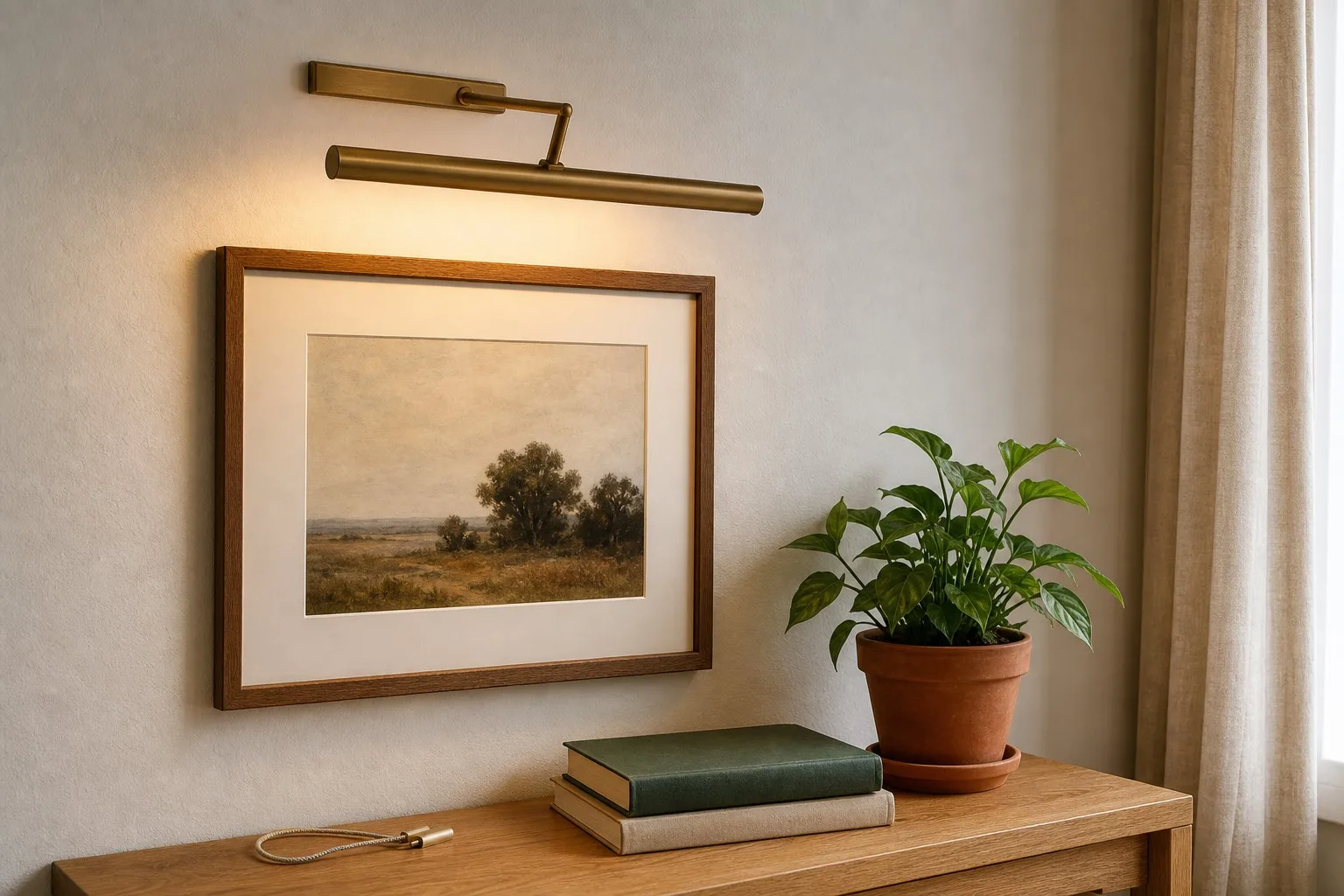 Antique brass wireless picture light mounted without drilling on a slim wall bar above framed art in a rental apartment