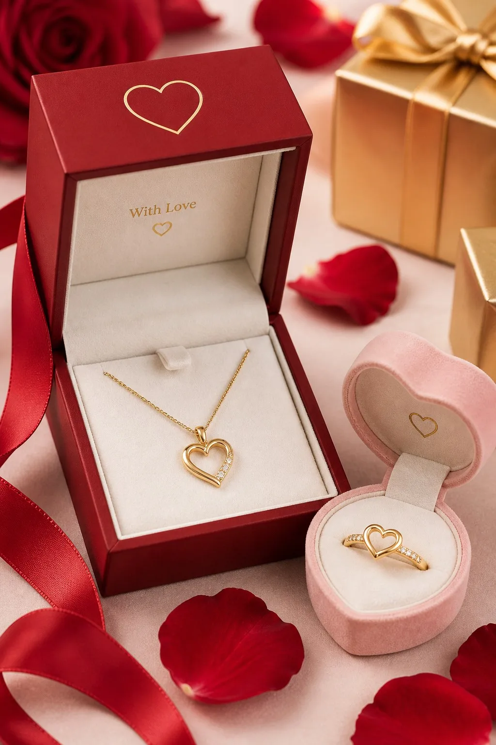 Deep red rigid jewelry box with gold foil heart emblem and satin ribbon, open to an ivory velvet interior with a gold heart pendant