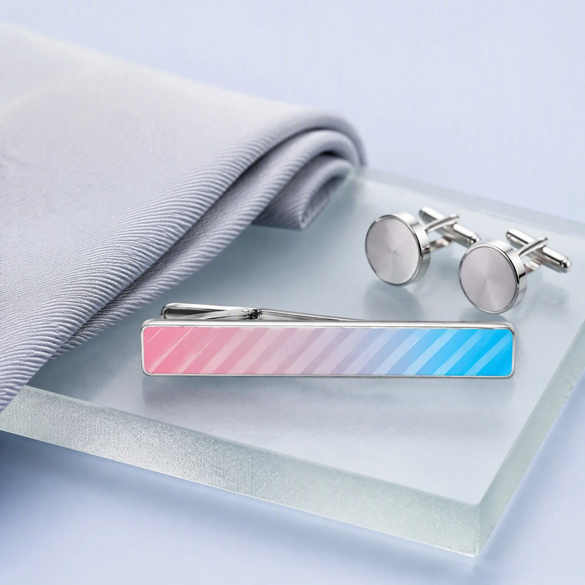 UV printed tie clip gift scene with tie and cufflinks