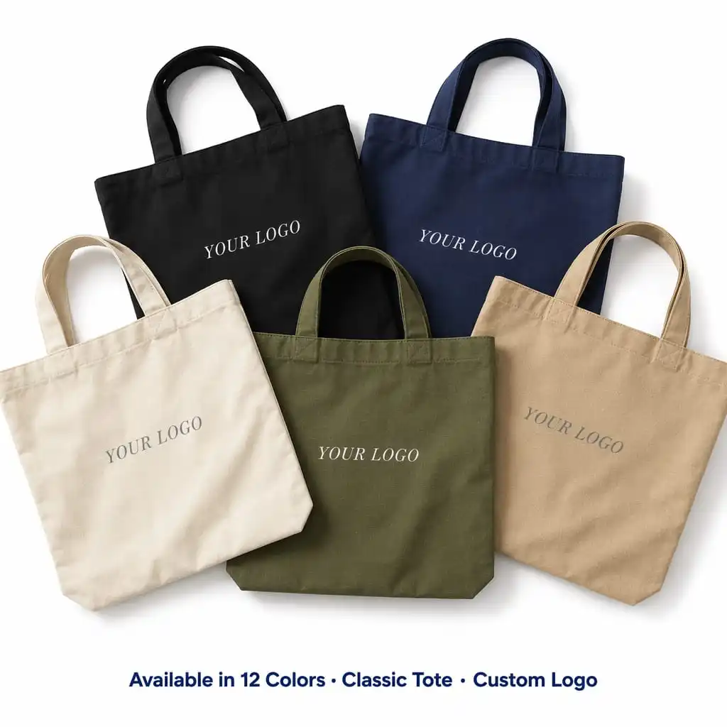 Five canvas tote bags in black, navy, natural, olive and khaki with custom logos