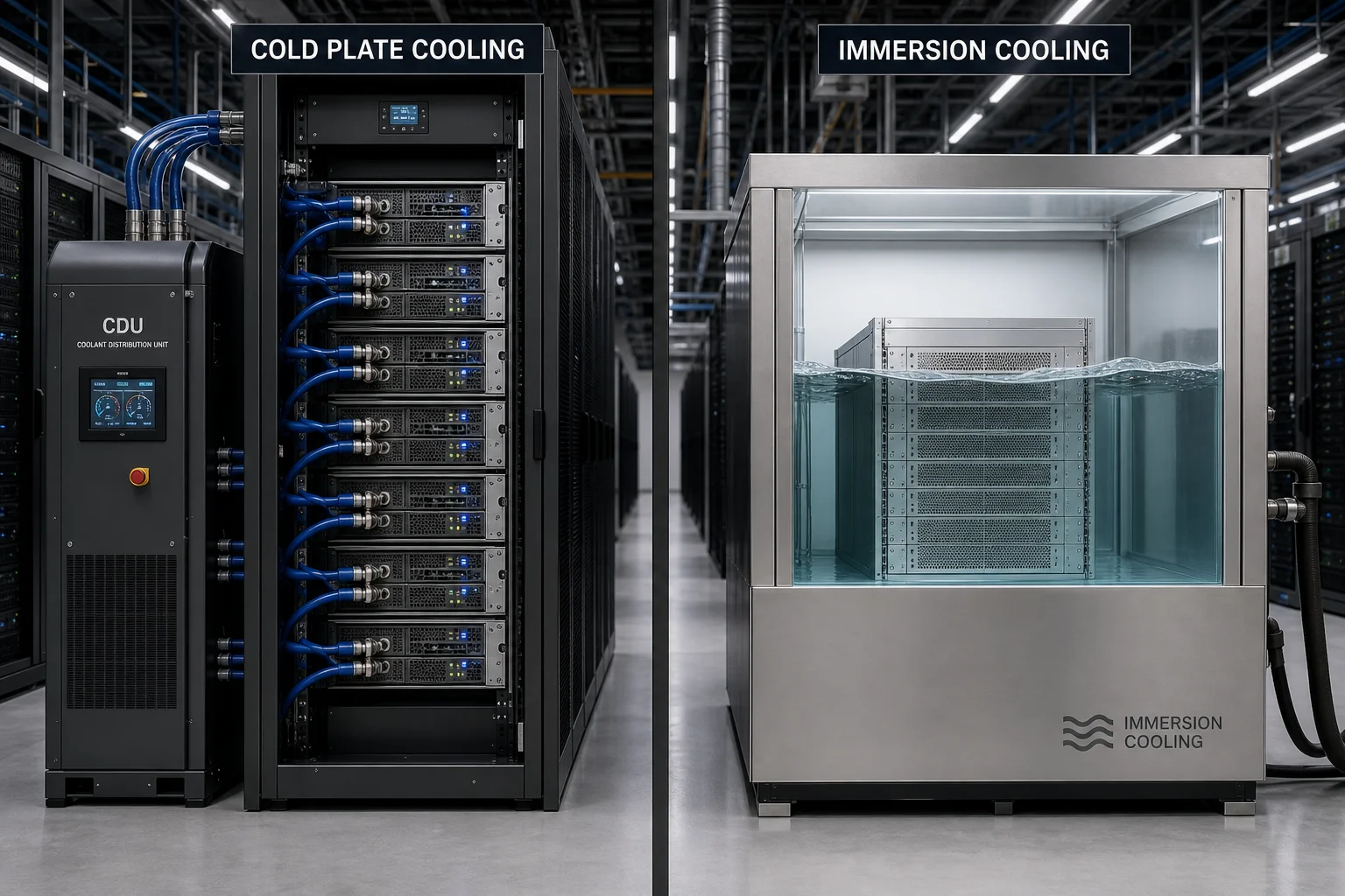 Cold plate cooling rack compared with an immersion cooling tank