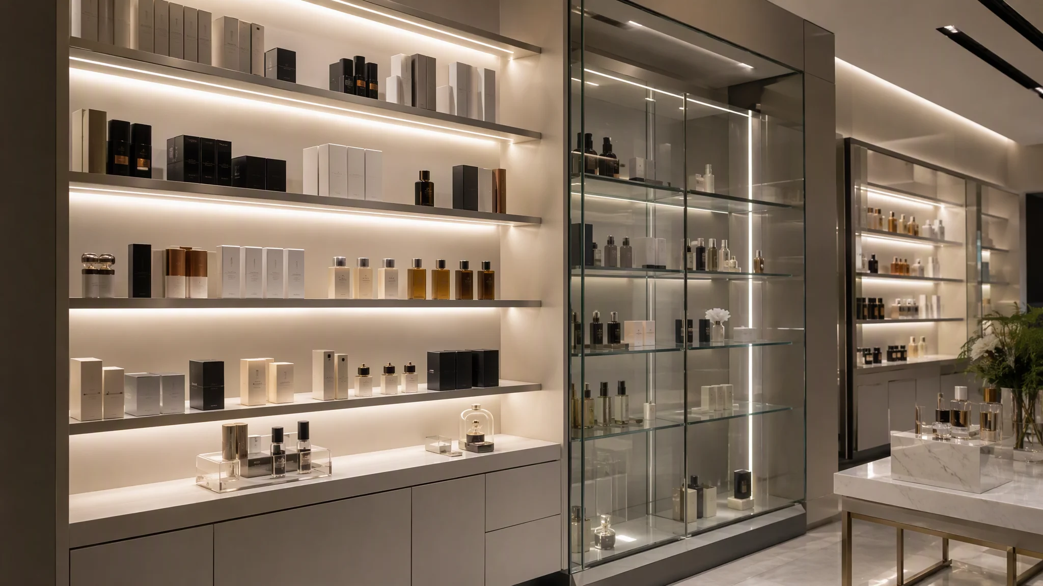 Retail display shelves using COB LED strips for even product illumination