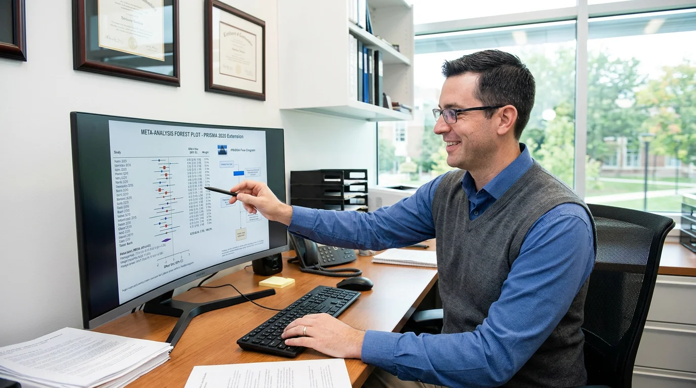 Researcher analyzing network meta-analysis plot