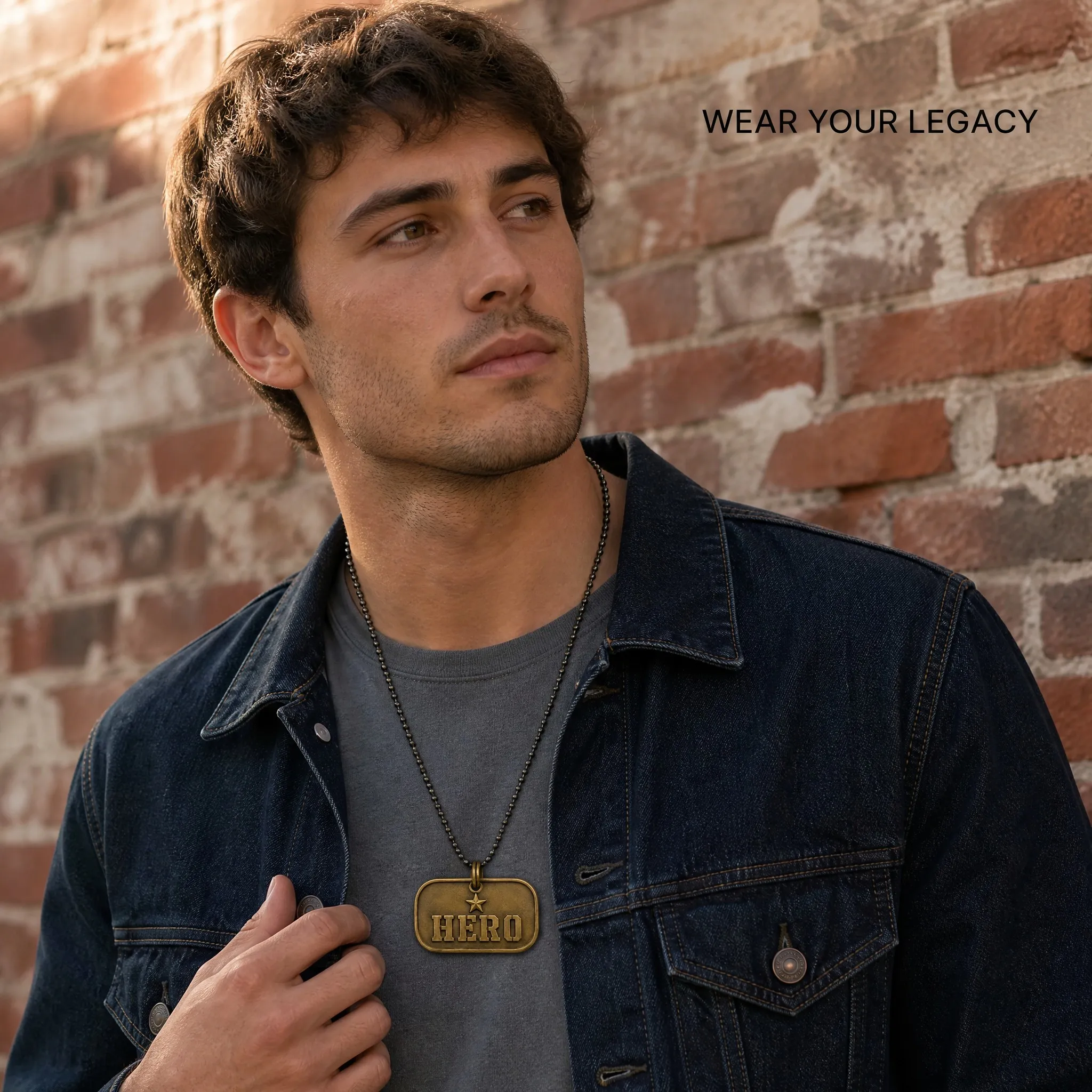 Young man wearing the embossed brass dog tag as a necklace - heritage style
