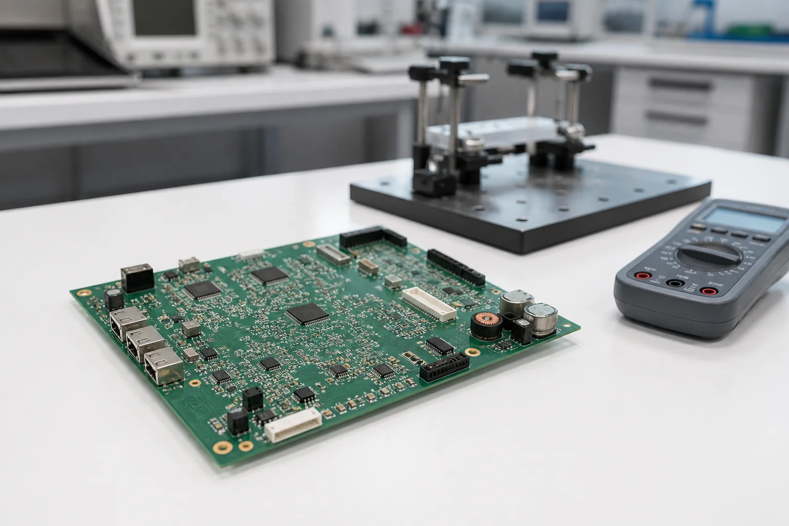 Engineering validation bench with a prototype PCB