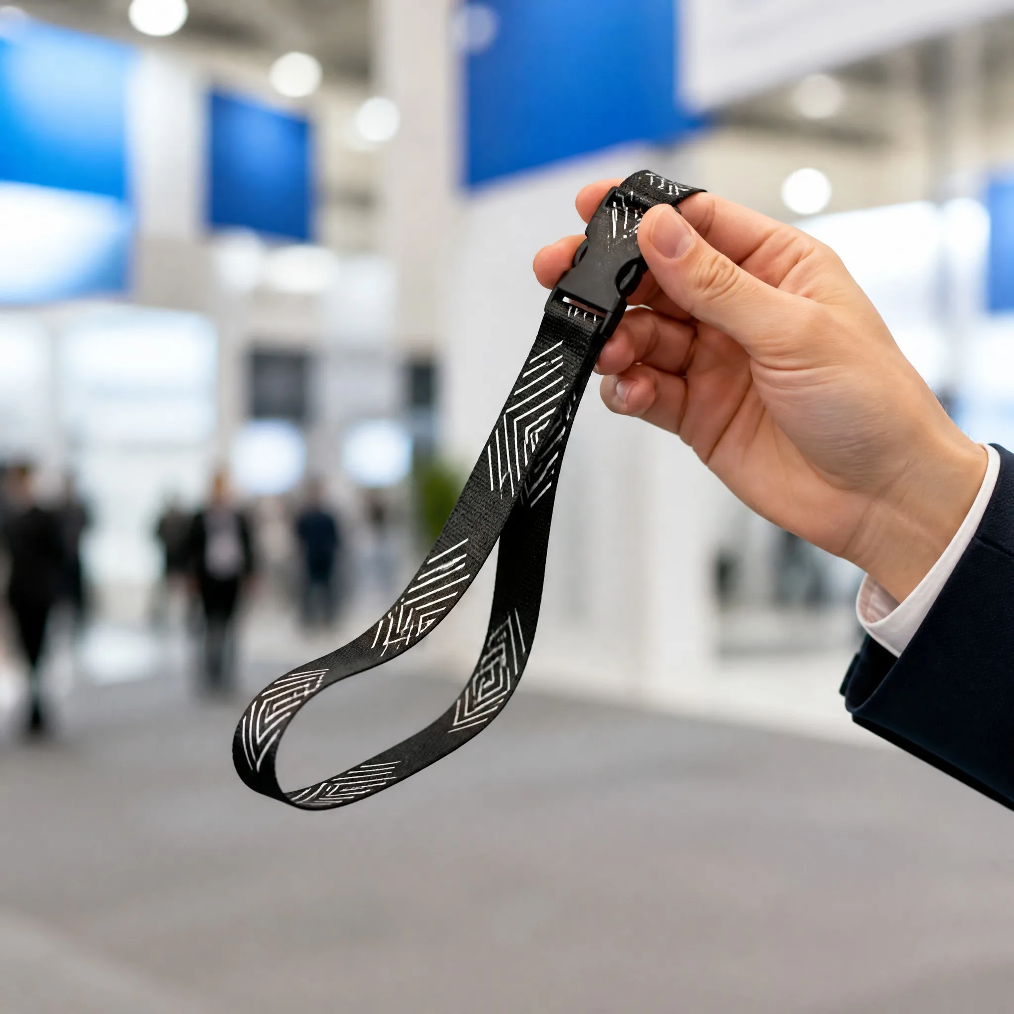 Hand holding printed lanyard at a busy trade show floor