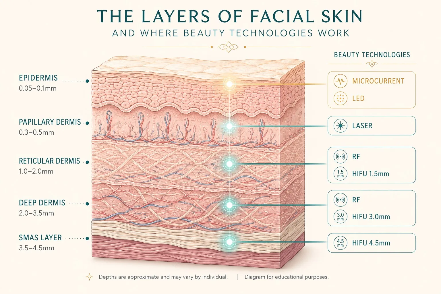 Cross-section diagram of facial skin layers showing which beauty technology reaches each depth — Microcurrent, LED, Laser, RF, and HIFU at the SMAS layer