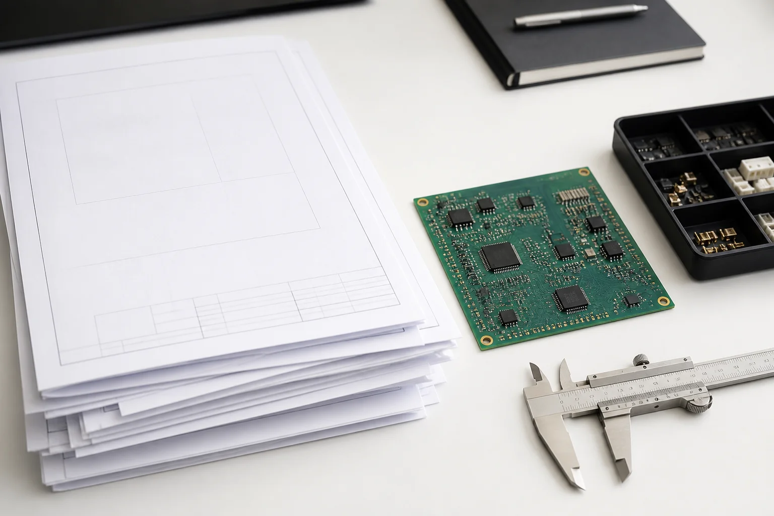 Engineering review worktable with documents and a PCB