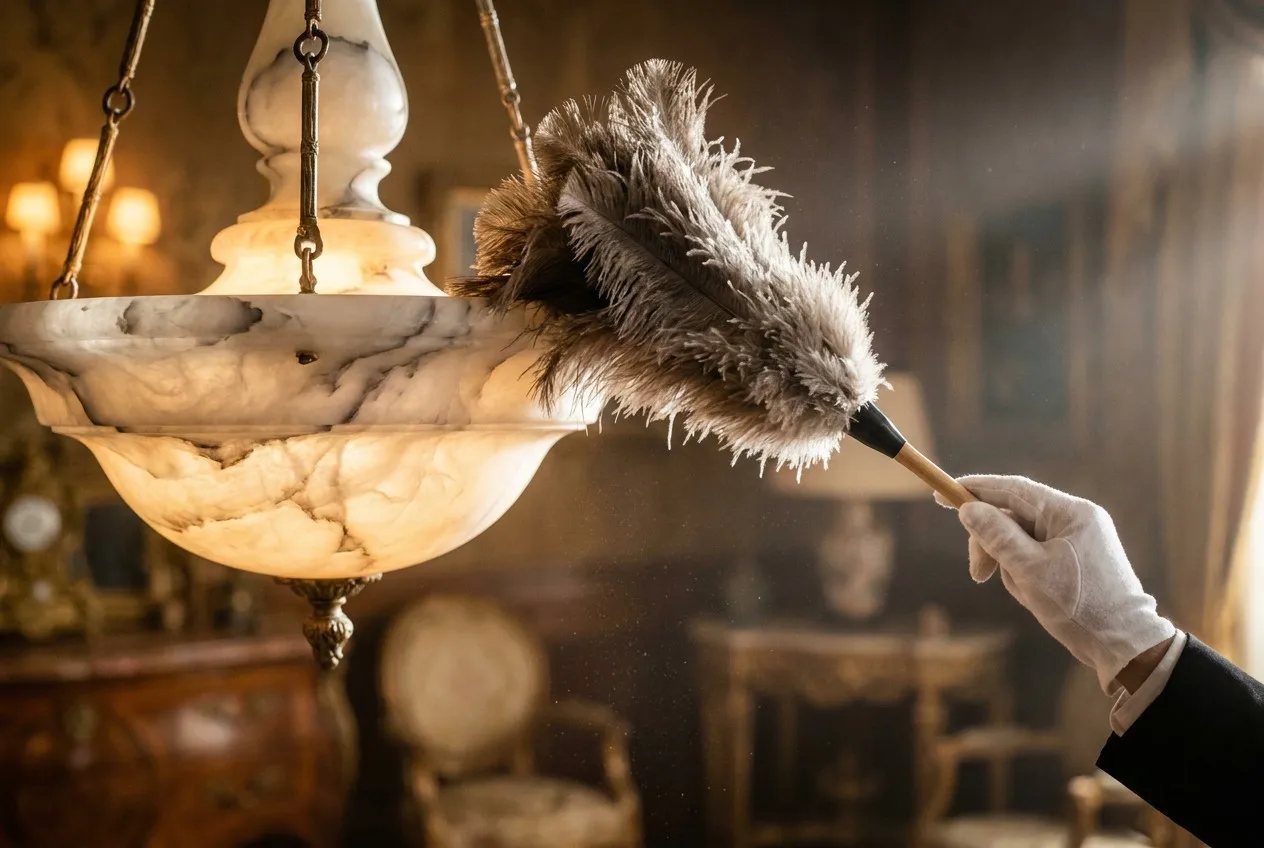 Close-up of a hand in a white glove gently dusting a luxury alabaster chandelier
