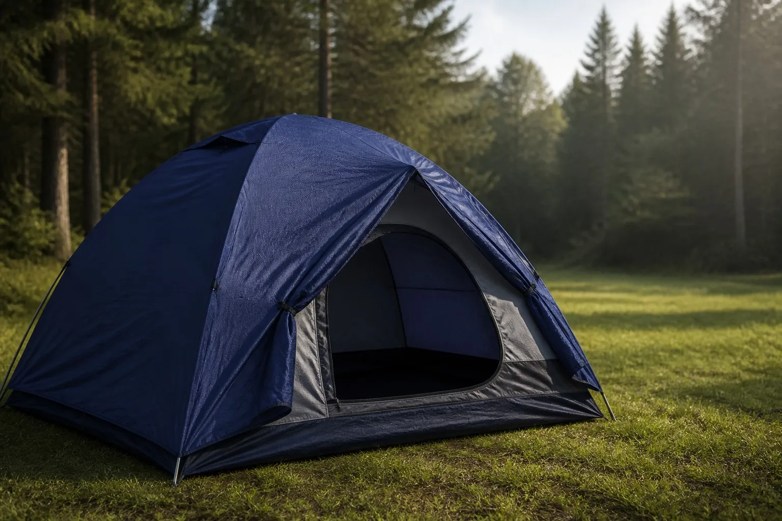 Dark navy double-layer camping tent in morning light with visible oxford weave on the flysheet