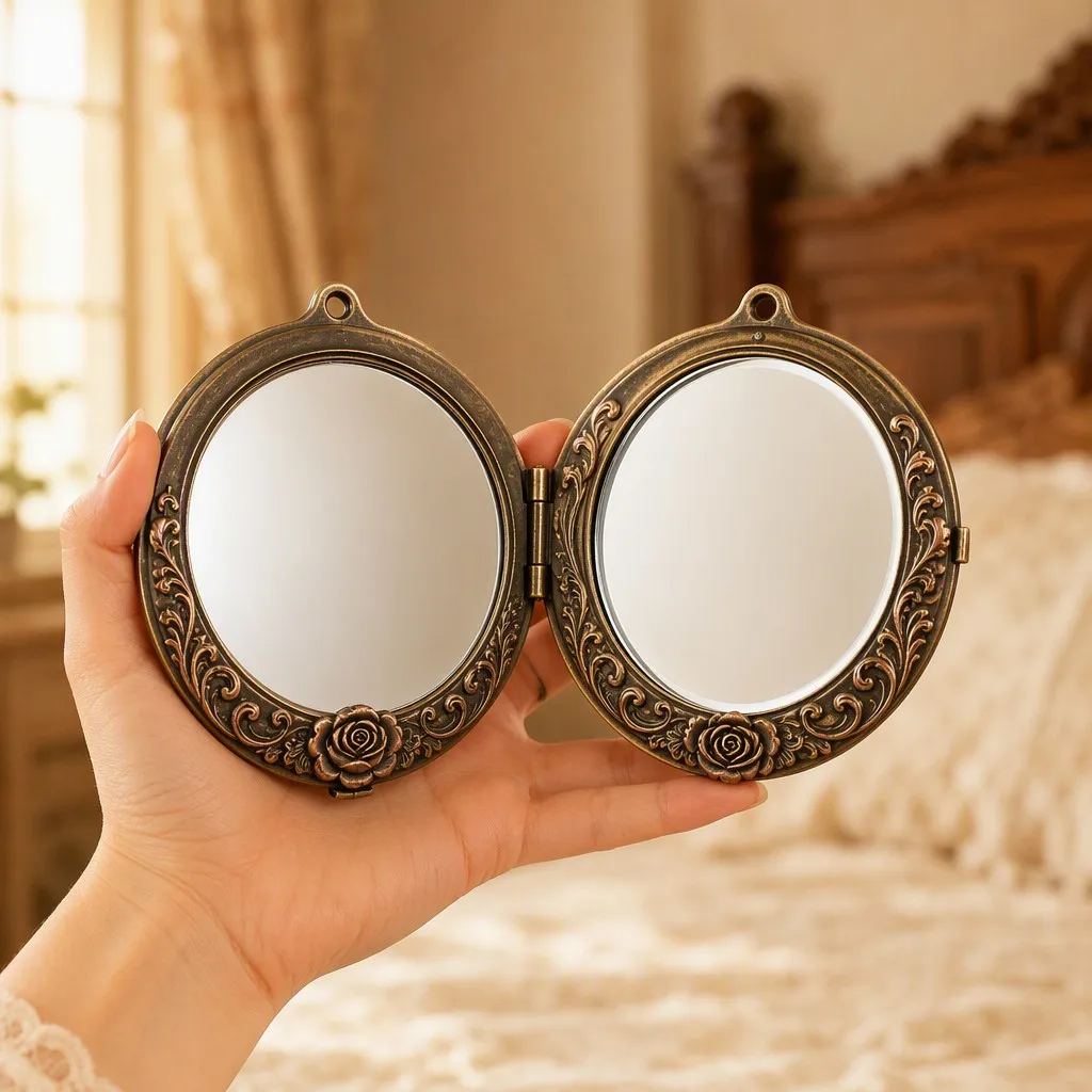 Holding the antique bronze makeup mirror in hand