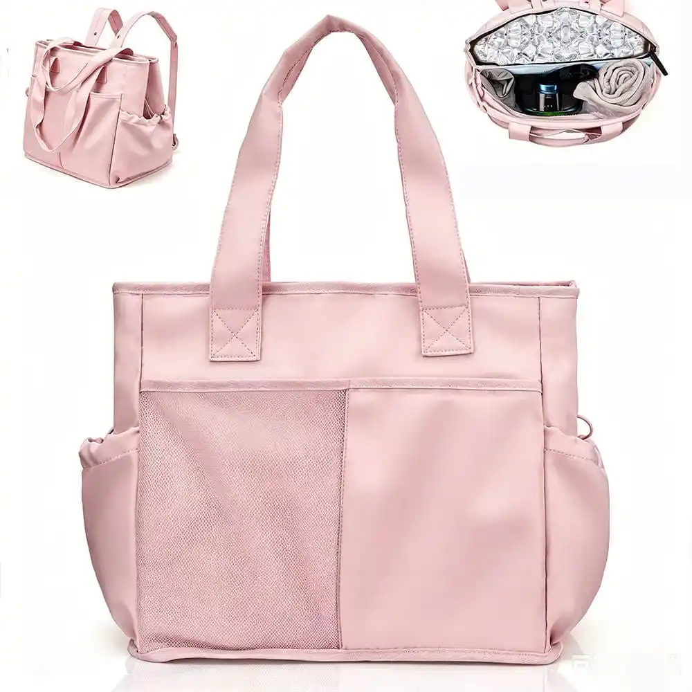 Pink beach tote with mesh pocket and insulated wet-dry compartment