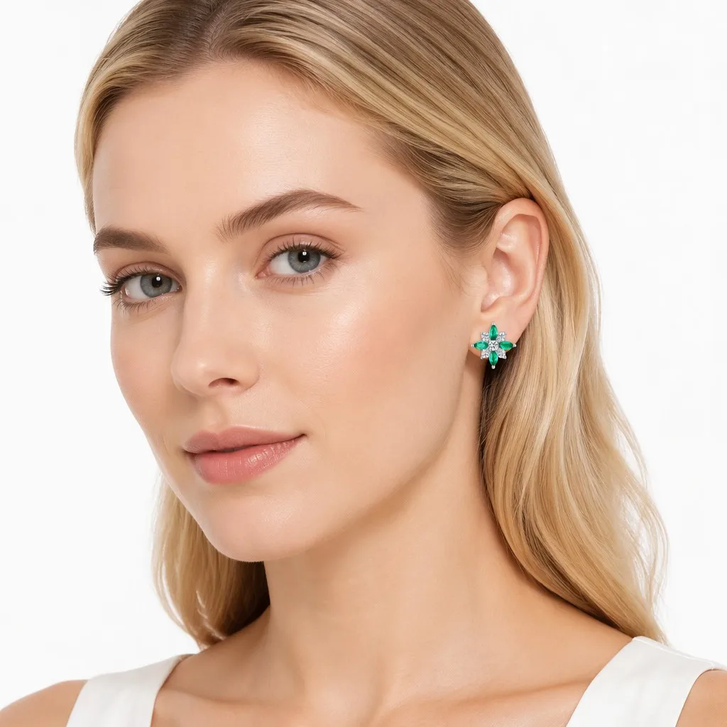 Floral Emerald Stud Earrings Marquise Cut Green Flower Earrings for Women Party Gift