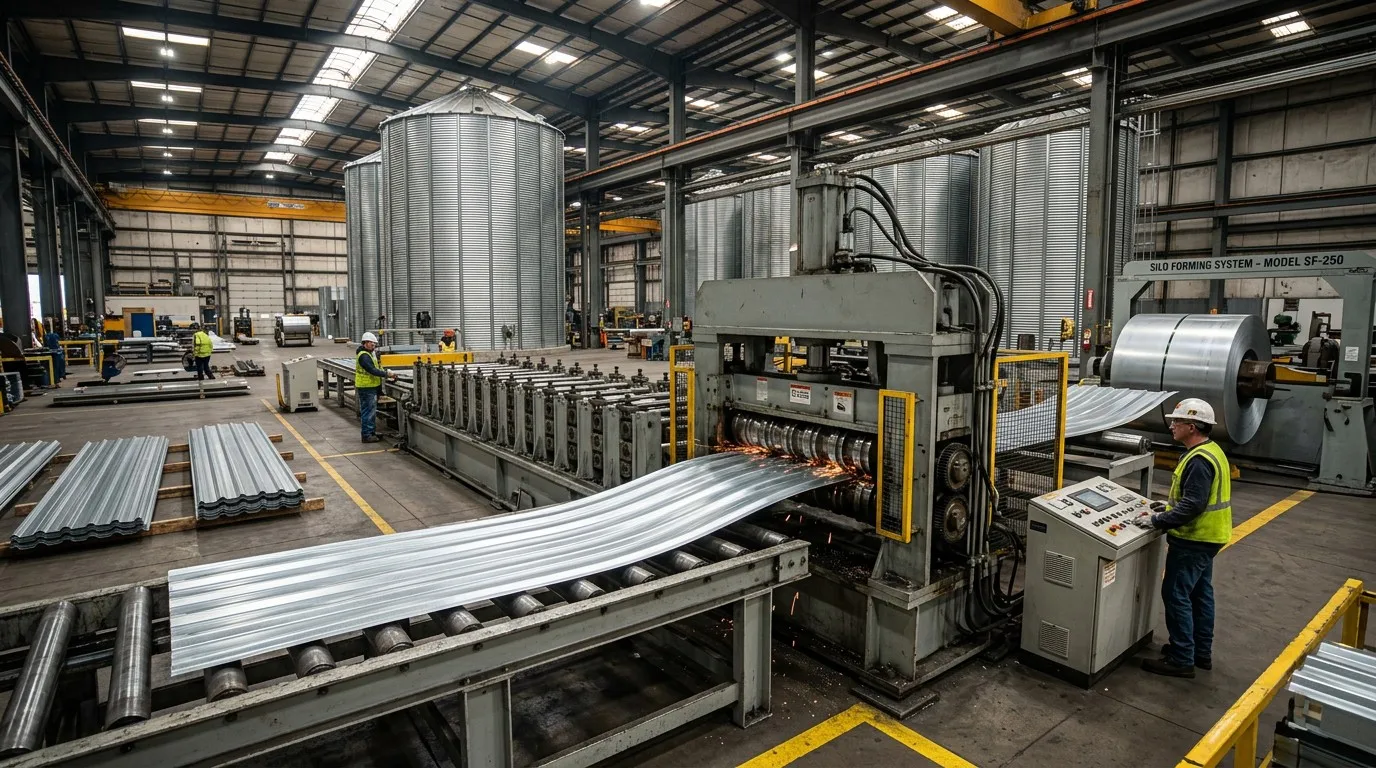 High-Strength Grain Silo Roll Forming Machine in Operation