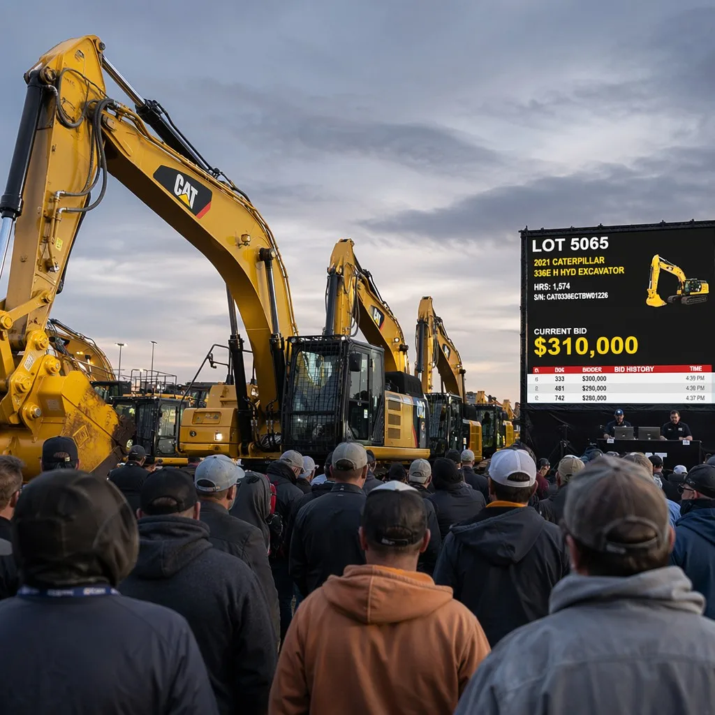 Crowded industrial machinery auction for used excavators