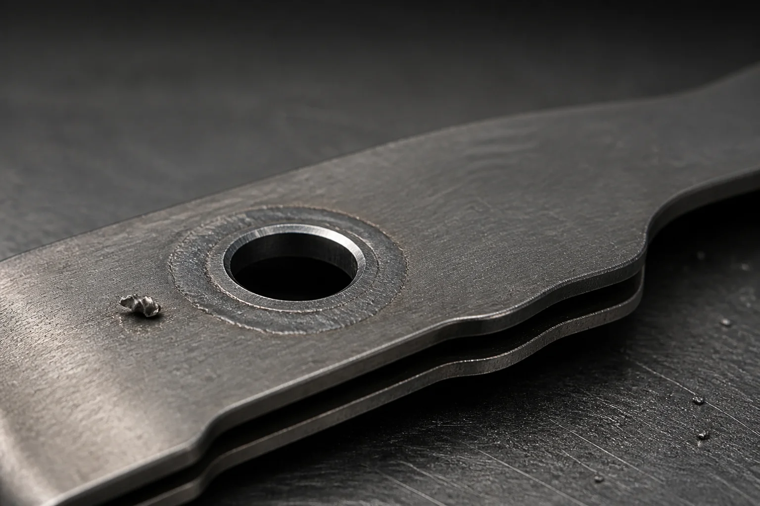 Macro view of a drilled hole through a spot weld joining two stamped steel sheets