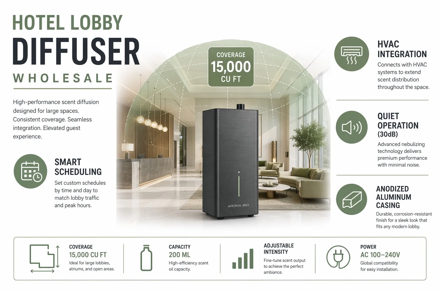 technical infographic for hotel lobby diffuser wholesale coverage and features