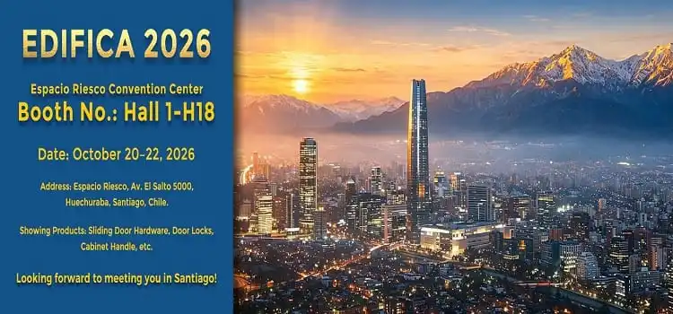 Bannière d'invitation à EDIFICA 2026 montrant la silhouette de Santiago, le centre de congrès Espacio Riesco et le numéro de stand Wekis, hall 1-H18